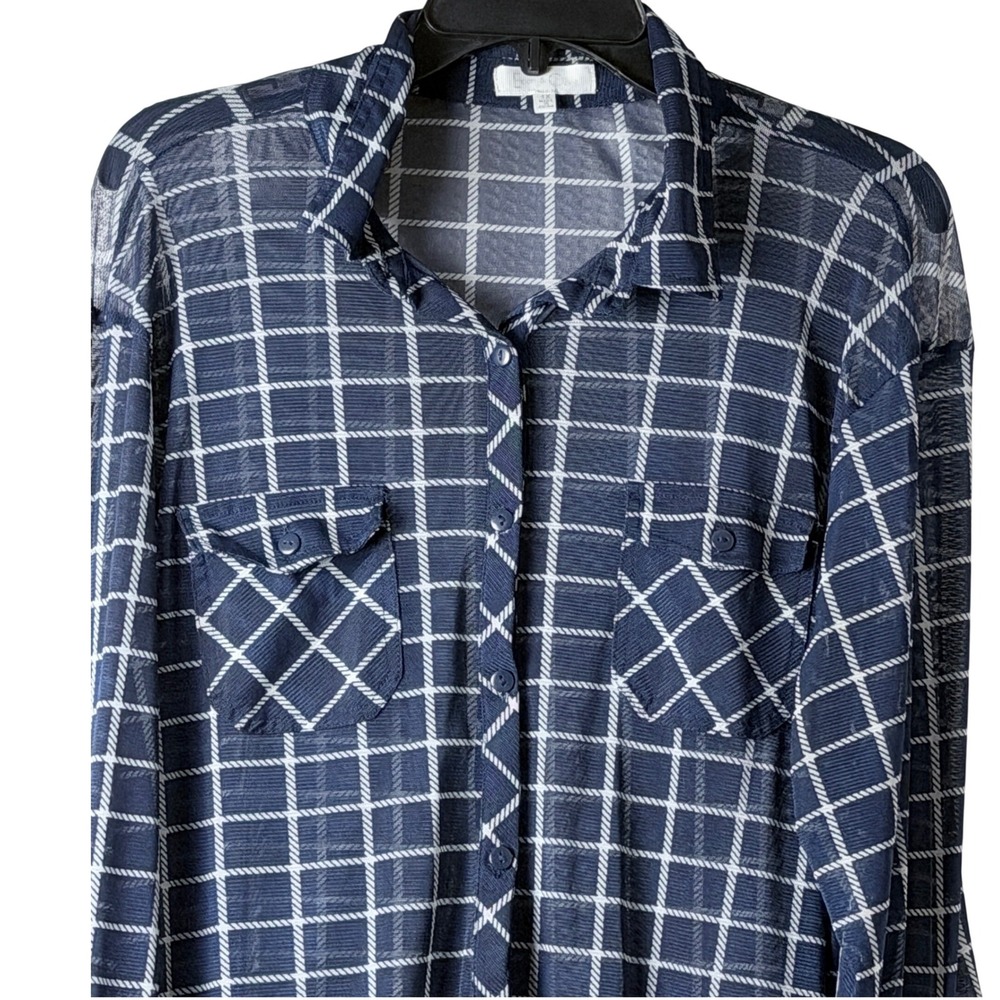 Evan Picone Button Down Women‎ 1X Navy Blue Grid Print Sheer Roll Tab Mesh Top
